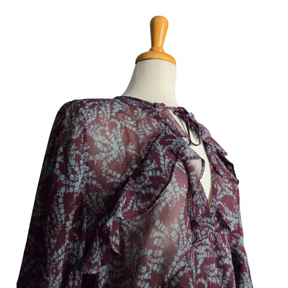 Olivaceous Maroon Fairy Grunge Floral Ruffled Bell Sleeve Blouse Women's M - Picture 3 of 10